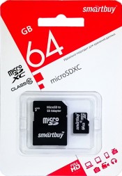 Карта памяти micro SDHC Smartbuy 64GB Class 10 (с адаптером SD)