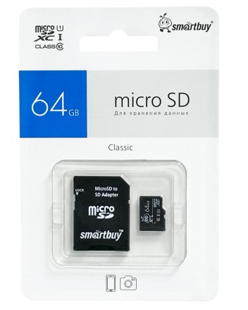 Карта памяти micro SDHC Smartbuy 64GB Class 10 (с адаптером SD)