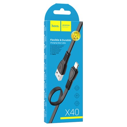 Usb Кабель-зарядка Lightning Hoco X40 Noah 2.4A 1м плоский силиконовый чёрный