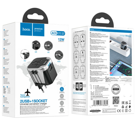 Зарядное устройство для всех стран мира Hoco AC5 Travel Companion, 2USB+1розетка Черный