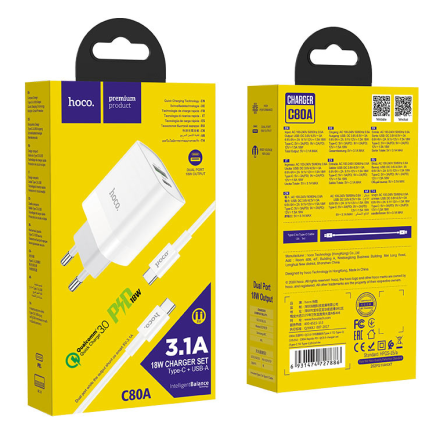 Сетевое зарядное устройство Hoco C80A с шнуром Type-C на Type-C 1USB/1С PD3.0/QC3.0 20W/18W белое