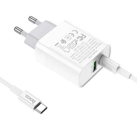 Сетевое зарядное устройство Hoco C80A с шнуром Type-C на Type-C 1USB/1С PD3.0/QC3.0 20W/18W белое