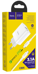 Сетевое зарядное устройство Hoco C80A с шнуром Type-C на Type-C 1USB/1С PD3.0/QC3.0 20W/18W белое