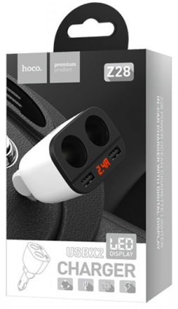 Автомобильное зарядное устройство Hoco Z28 2USB дисплей, белое